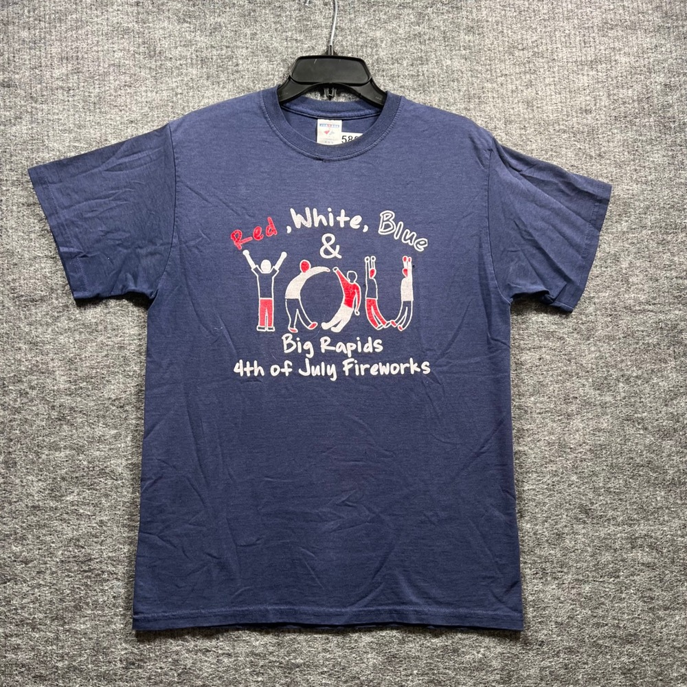 Jerzees Mens Medium Navy Blue Big Rapids 4th of July Fireworks Graphic T-Shirt